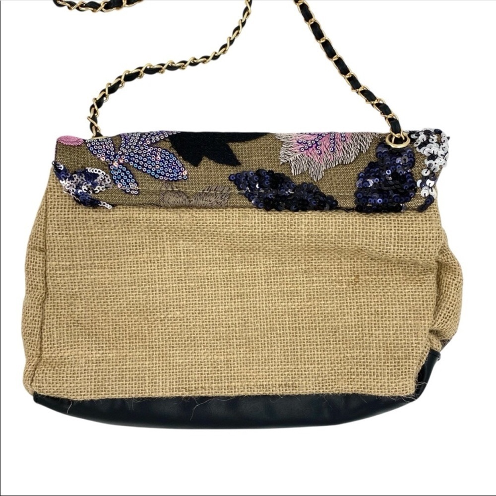 Floral Embroidered Sequin Woven Jute Clutch Shoulder Bag - Picture 12 of 15
